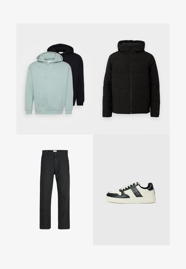 Melnā polsterētā jaka ar kapuci, ar pilnīgu priekšējo rāvējslēdzēju, horizontālām šuvēm un elastīgām piedurknēm ciešai piegulšanai.; Divas divi džemperi: viens gaiši piparmētru zaļš, otrs melns. Abiem ir regulējams auklas, priekšējā kabata un ribotas piedurknes un apakšmala.; Melnas bikses no izturīga auduma, ar taisna griezuma dizainu, izšūtām akcentiem un divām priekšējām kabatām funkcionālitātei.; Ādas sporta apavi ar melnbaltu krāsu shēmu, ar perforētiem akcentiem, mīkstinātu apkakli un teksturētu zoli.