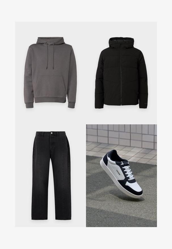 Czarna, pikowana kurtka z kapturem, z pełnym zapięciem na zamek z przodu, poziomym przeszyciem i elastycznymi mankietami dla lepszego dopasowania.; Szara bluza z kapturem wykonana z miękkiego materiału, z kieszenią kangurką, regulowanym kapturem ze sznurkiem oraz ściągaczami na mankietach i u dołu.; Czarne dżinsy typu denim z prostymi nogawkami. Posiadają zapięcie na guzik, szlufki na pasek oraz dwie boczne kieszenie. Gładka tekstura, bez widocznych wzorów.; Białe i granatowe skórzane sneakersy z teksturowaną podeszwą, sznurowanym wzorem i metką z logo. Posiadają perforowaną część palcową oraz wyściełany kołnierz.