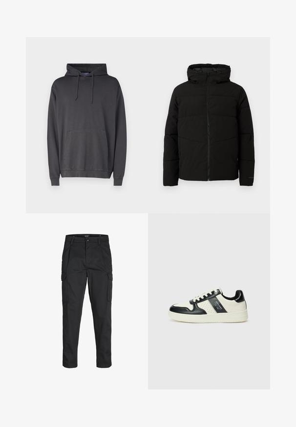 Černá vycpaná bunda s kapucí, má plný přední zip, horizontální švy a elastické manžety pro pohodlné nošení.; Šedá mikina s kapucí vyrobená z měkké tkaniny, se zpevněnou kapsou vepředu, kapucí se stahovacími šňůrkami a žebrovanými manžetami a lemem.; Černé cargo kalhoty vyrobené z odolné tkaniny, s mnoha kapsami, knoflíkovým zapínáním a slim fit střihem se zúženými nohavicemi.; Kožené tenisky s černobílou barevnou kombinací, které mají perforované detaily, polstrovaný límec a texturovanou podrážku.