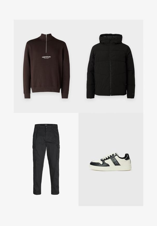 Giacca nera imbottita con cappuccio, dotata di zip frontale completa, cuciture orizzontali e polsini elasticizzati per una vestibilità aderente.; Felpa marrone con colletto alto e chiusura a mezza zip. Presenta un logo bianco "originals Studio" sul petto; polsini e orlo a coste.; Pantaloni cargo neri realizzati in un tessuto resistente, dotati di molteplici tasche, chiusura con bottone e un design aderente con gambe affusolate.; Sneakers in pelle con una combinazione di colori nero e crema, dotati di dettagli perforati, collare imbottito e suola testurizzata.