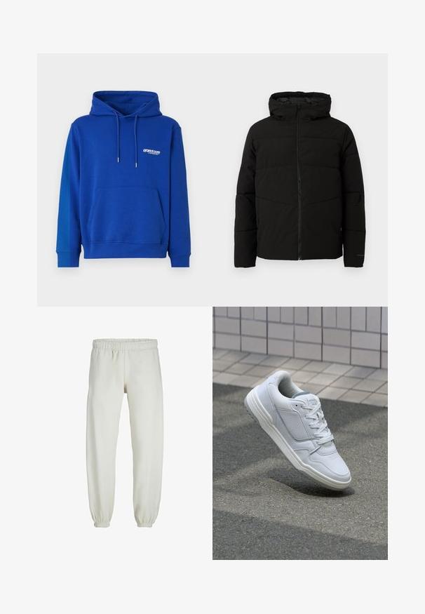 Schwarze gepolsterte Jacke mit Kapuze, ausgestattet mit einem durchgehenden Reißverschluss, horizontalen Nähten und elastischen Bündchen für eine enge Passform.; Blauer Kapuzenpullover mit einer Kängurutasche, Zugbandhuft und gerippten Bündchen. Mit einem kleinen weißen Logo auf der Brust. Weicher Stoff.; Weiße Jogginghose aus weichem Stoff, mit elastischem Bund und Säumen, einer glatten Textur und lockerem Schnitt.; Weiße Ledersneaker mit perforierten Seiten, strukturierten Akzenten, flachen Schnürsenkeln und einer kontrastierenden grauen Ferse. Verfügt über eine leicht erhöhte Sohle.