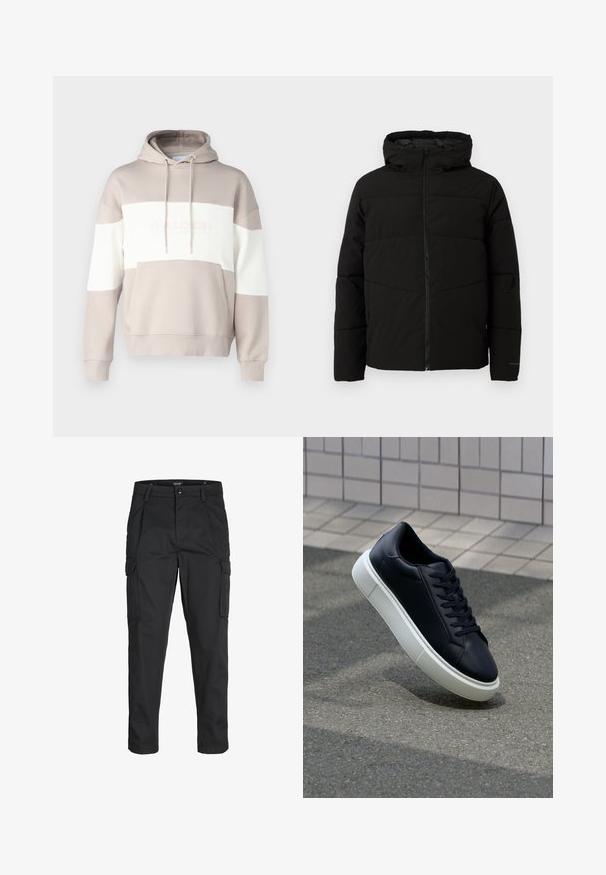 Sort polstret jakke med hætte, der har en fuld frontlynlås, vandret syninger og elastiske manchetter for en tæt pasform.; Hætte sweatshirt i beige med hvide vandrette striber. Har en forlomme og snøre, lavet af blødt bomuldsblandingsmateriale.; Sorte cargo-bukser lavet af slidstærkt stof, der har flere lommer, en knaplukning og et slim fit design med smalle ben.; Sort lædersneaker med rund tå og hvid gummisål. Har flade snørebånd og minimal syning på overdelen. Tekstureret sål for bedre greb.