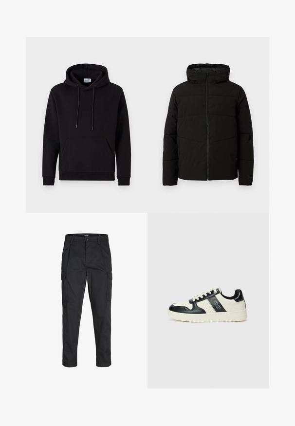 Veste matelassée noire avec capuche, dotée d'une fermeture zippée sur toute la longueur, de surpiqûres horizontales et de poignets élastiques pour un ajustement confortable.; Haut à capuche noir en tissu riche en coton, avec une poche avant, un capuche à cordon de serrage et des poignets côtelés. Design simple et décontracté.; Pantalons cargo noirs en tissu résistant, dotés de plusieurs poches, d'une fermeture par bouton et d'une coupe slim avec des jambes fuselées.; Baskets en cuir avec un schéma de couleurs noir et crème, dotées d'accents perforés, d'un col rembourré et d'une semelle texturée.