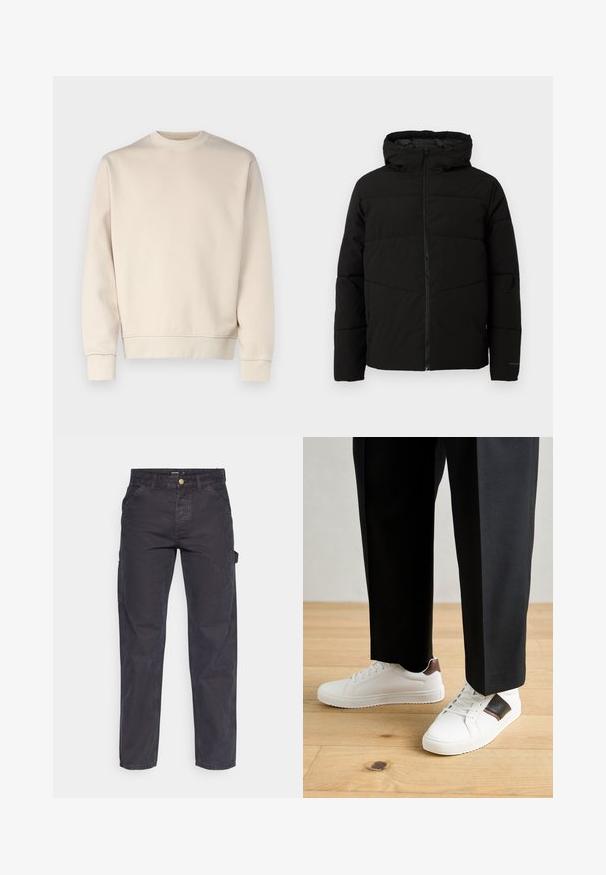 Černá vycpaná bunda s kapucí, má plný přední zip, horizontální švy a elastické manžety pro pohodlné nošení.; Beige mikina volného střihu s kulatým výstřihem, dlouhými rukávy, žebrovanými manžetami a lemem. Hladká textura s minimálním zdobením.; Tmavě šedé cargo kalhoty vyrobené z odolné látky, s rovnými nohavicemi, pěti kapsami a knoflíkovým zapínáním v pase.; Bílé tenisky s hladkým povrchem, s hnědými koženými akcenty a černými detaily, kombinované s černými kalhotami na míru. Pozadí tvoří dřevěná podlaha.