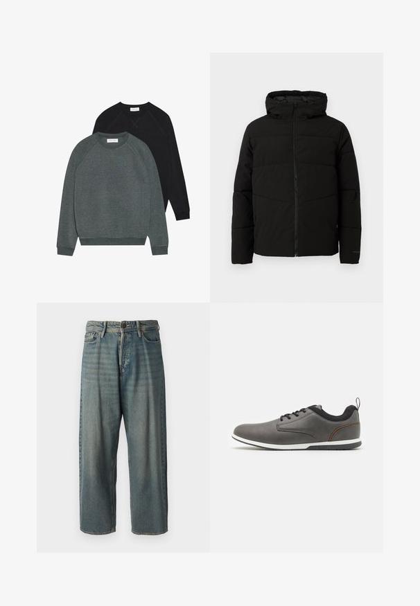 Sort polstret jakke med hætte, der har en fuld frontlynlås, vandret syninger og elastiske manchetter for en tæt pasform.; To sweatshirts med rund hals: en mørkegrøn og en sort. Begge har raglanærmer, ribbede manchetter og et blødt, tekstureret stof.; Lyseblå denim jeans med løs pasform, mellemhøj talje og lige ben. Har fem lommer, bæltestropper og en knappelukning.; Grå lædersko med sorte detaljer, featuring en afrundet tå, snørebåndsdesign, hvid sål og en lille løkker ved hælen.