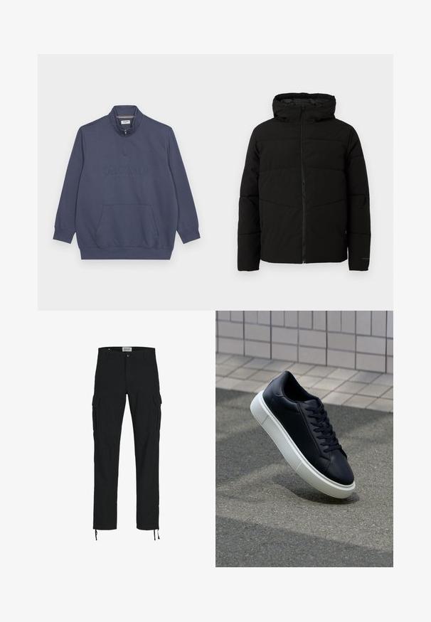 Chaqueta acolchada negra con capucha, que cuenta con un cierre frontal completo, costuras horizontales y puños elásticos para un ajuste ceñido.; Sudadera de color azul marino con un alto cuello, medio cierre, bolsillo canguro frontal y texto en relieve "ORIGINALS" en el pecho.; Pantalones cargo negros con corte recto, que cuentan con bolsillos laterales, cierre de botón y cordones elásticos en los tobillos. Fabricados en tejido resistente.; Zapatilla de cuero negro con punta redonda y suela de goma blanca. Presenta cordones planos y un mínimo de costuras en la parte superior. Suela texturizada para proporcionar agarre.