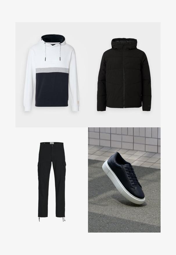 Chaqueta acolchada negra con capucha, que cuenta con un cierre frontal completo, costuras horizontales y puños elásticos para un ajuste ceñido.; Sudadera con capucha en bloques de color blanco, gris y azul marino. Material de algodón suave, con capucha ajustable y puños acanalados.; Pantalones cargo negros con corte recto, que cuentan con bolsillos laterales, cierre de botón y cordones elásticos en los tobillos. Fabricados en tejido resistente.; Zapatilla de cuero negro con punta redonda y suela de goma blanca. Presenta cordones planos y un mínimo de costuras en la parte superior. Suela texturizada para proporcionar agarre.