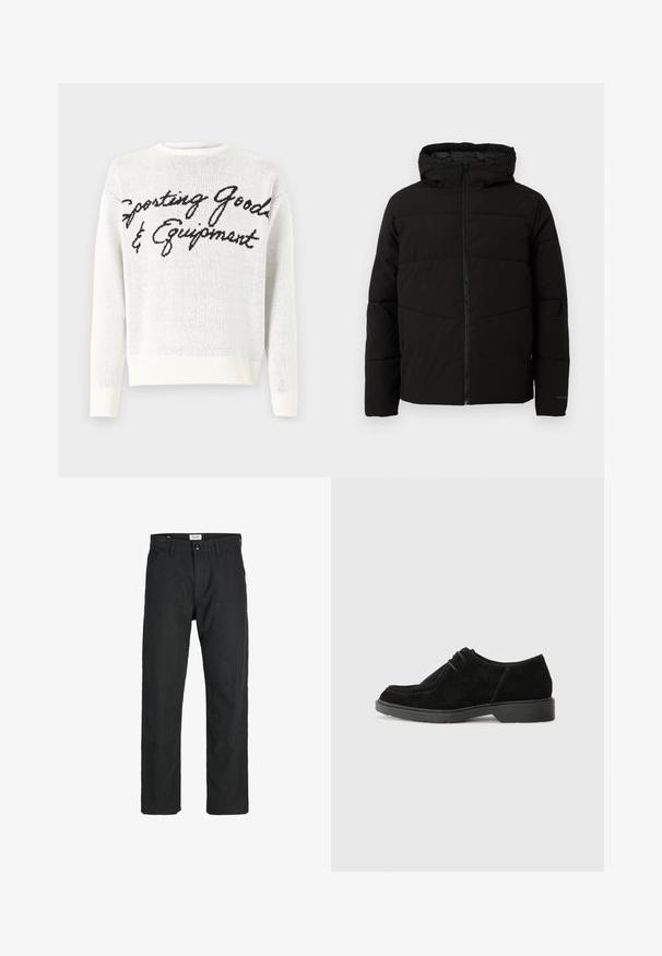 Schwarze gepolsterte Jacke mit Kapuze, ausgestattet mit einem durchgehenden Reißverschluss, horizontalen Nähten und elastischen Bündchen für eine enge Passform.; Weißer Strickpullover mit schwarzem Schriftzug "Sporting Goods & Equipment" auf der Vorderseite, runder Ausschnitt und gerippte Bündchen.; Schwarze Hosen aus strapazierfähigem Stoff, mit geradem Bein, genähten Akzenten und zwei vorderen Taschen für Funktionalität.; Schwarze Wildleder-Halbschuhe mit runder Spitze, kontrastierenden Nähten und einer Gummisohle. Minimalistische Schnürung und ein glattes Oberdesign.