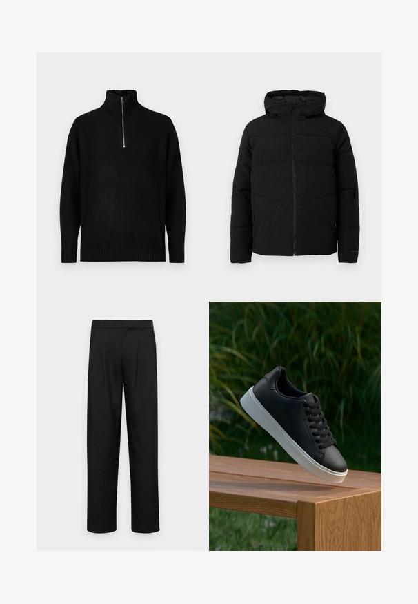 Chaqueta acolchada negra con capucha, que cuenta con un cierre frontal completo, costuras horizontales y puños elásticos para un ajuste ceñido.; Suéter de punto negro con cuello alto, que presenta un cierre de media cremallera. Puños y dobladillo acanalados, textura suave, diseño minimalista.; Pantalones negros de tela suave, con un diseño de pierna recta, dos pliegues frontales y una cintura estándar con trabillas para el cinturón.; Zapatilla negra de cuero con una textura suave, suela de goma blanca y seis ojetes para cordones, exhibida sobre una superficie de madera.