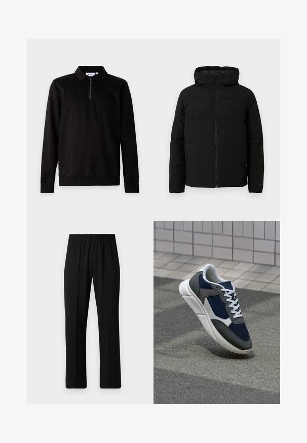 Černá vycpaná bunda s kapucí, má plný přední zip, horizontální švy a elastické manžety pro pohodlné nošení.; Černý pulovr s dlouhými rukávy a límcem, s čtvrtinovým zipem vpředu a žebrovanými manžetami a spodním lemem. Měkký materiál s hladkým povrchem.; Černé kalhoty s elastickým pasem a rovnými nohavicemi, s hladkým povrchem a bez viditelných vzorů nebo kovových doplňků.; Tenisky s horní částí z námornicky modré síťoviny, šedými semišovými akcenty, bílou gumovou podrážkou a plochými bílými tkaničkami, navržené pro pohodlí a prodyšnost.