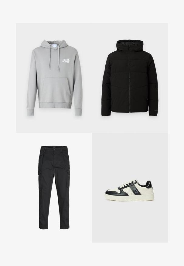 Crna jakna s podlogom i kapuljačom, s punim prednjim patentnim zatvaračem, horizontalnim šavovima i elastičnim manžetama za udoban fit.; Jack & Jones JJECORP LOGO HOOD - Majica s kapuljačom - ultimate grey; Crne cargo hlače izrađene od čvrstog materijala, s brojnim džepovima, kopčanjem na gumb i dizajnom koji pomaže da se prilagode tijelu sa suženim nogavicama.; Kožne tenisice s crno-bijelom paletom boja, koje imaju perforirane akcentne detalje, podstavljeni ovratnik i teksturiranu potplat.
