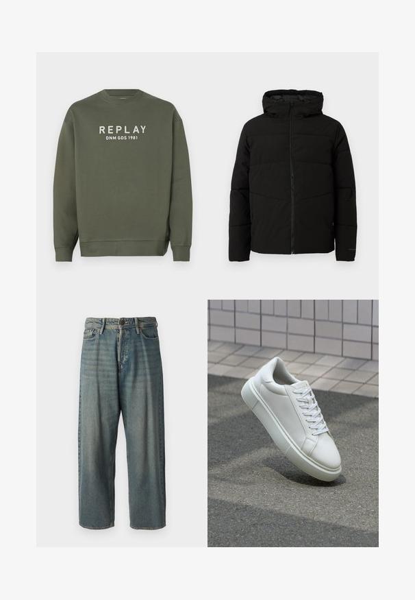 Casaco acolchoado preto com capuz, apresentando um fecho de correr frontal completo, costuras horizontais e punhos elásticos para um ajuste confortável.; Sweatshirt verde-oliva feito de algodão, com decote redondo e mangas longas. A parte da frente exibe o texto "REPLAY DNM GDS 1981" em branco.; Jeans de ganga azul claro com um corte solto, cintura média e pernas retas. Apresenta cinco bolsos, passadores de cinto e fecho com botão.; Tênis de couro branco com superfície lisa, bico redondo e cadarços brancos planos. Apresenta uma sola de borracha texturizada e elementos de design minimalistas.