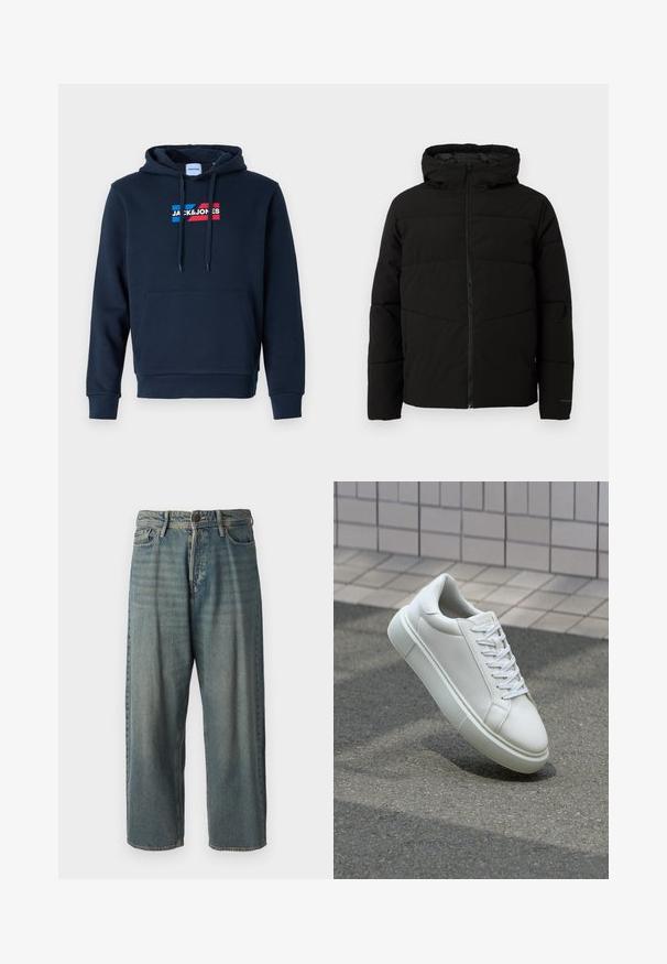 Black padded jacket with a hood, featuring a full front zipper, horizontal stitching, and elastic cuffs for a snug fit.; Navy blue hoodie with a front kangaroo pocket, drawstring hood, and logo in red and blue, featuring a soft, smooth texture and ribbed cuffs.; Light blue denim jeans with a loose fit, mid-rise waist, and straight legs. Features five pockets, belt loops, and a button closure.; White leather sneaker with a smooth surface, round toe, and flat white laces. Features a textured rubber sole and minimal design elements.