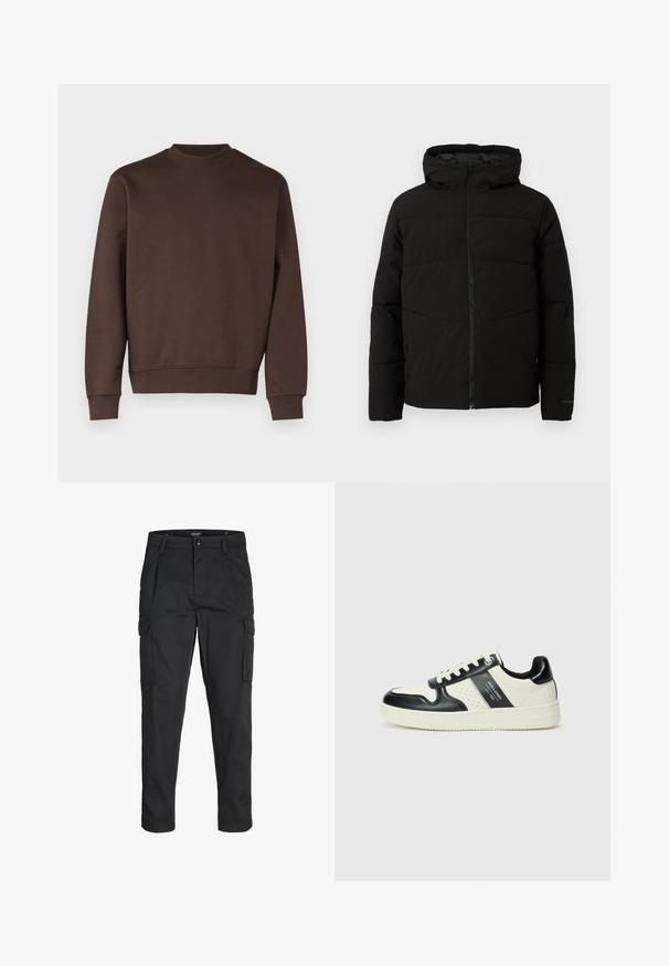 Veste matelassée noire avec capuche, dotée d'une fermeture zippée sur toute la longueur, de surpiqûres horizontales et de poignets élastiques pour un ajustement confortable.; Un sweat-shirt marron à col rond, fabriqué en un mélange de coton doux. Il dispose de poignets et d'un ourlet côtelés, avec un design simple sans motifs ni embellissements.; Pantalons cargo noirs en tissu résistant, dotés de plusieurs poches, d'une fermeture par bouton et d'une coupe slim avec des jambes fuselées.; Baskets en cuir avec un schéma de couleurs noir et crème, dotées d'accents perforés, d'un col rembourré et d'une semelle texturée.