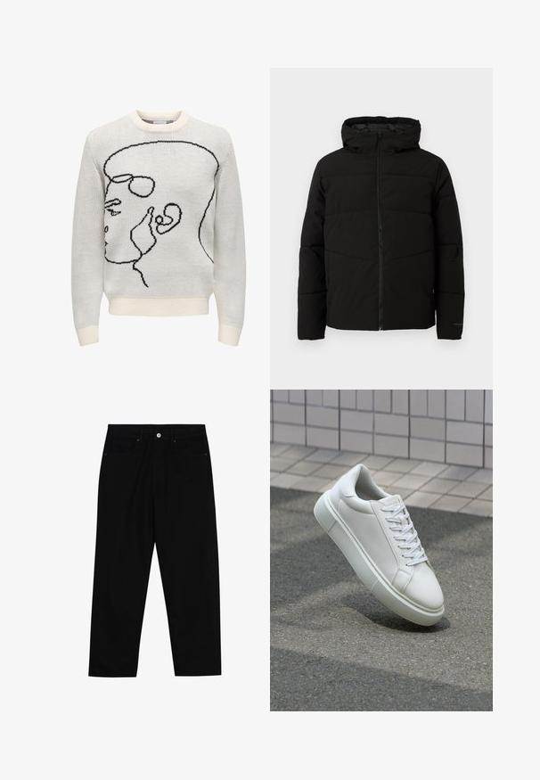Czarna, pikowana kurtka z kapturem, z pełnym zapięciem na zamek z przodu, poziomym przeszyciem i elastycznymi mankietami dla lepszego dopasowania.; Biały sweter z dzianiny z czarną grafiką liniową przedstawiającą profil. Posiada okrągły dekolt oraz ściągacze na rękawach i u dołu. Miękka tekstura.; Czarne spodnie dżinsowe w klasycznym kroju prostym, z pięcioma kieszeniami i zapięciem na guzik z przodu. Gładka tekstura z minimalnymi detalami szwy.; Białe skórzane trampki z gładką powierzchnią, okrągłym noskiem i płaskimi białymi sznurowadłami. Posiadają teksturowaną gumową podeszwę oraz minimalistyczne elementy projektowe.