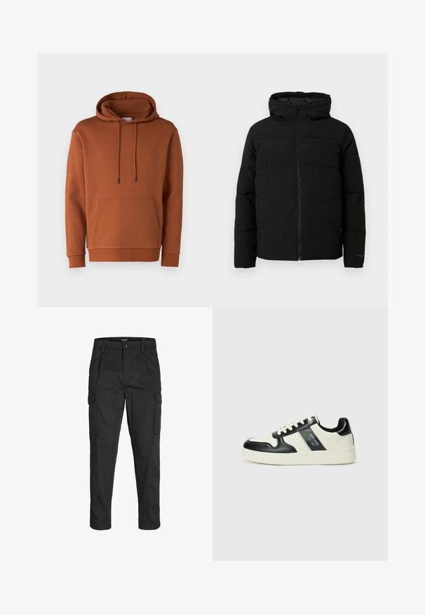 Chaqueta acolchada negra con capucha, que cuenta con un cierre frontal completo, costuras horizontales y puños elásticos para un ajuste ceñido.; Jack & Jones JJEBRADLEY HOOD - Sudadera - mocha bisque; Pantalones cargo negros hechos de tela resistente, que cuentan con múltiples bolsillos, un cierre de botón y un diseño de corte slim con piernas ajustadas.; Zapatillas de cuero con un esquema de colores negro y crema, que cuentan con acentos perforados, un collar acolchado y una suela texturizada.