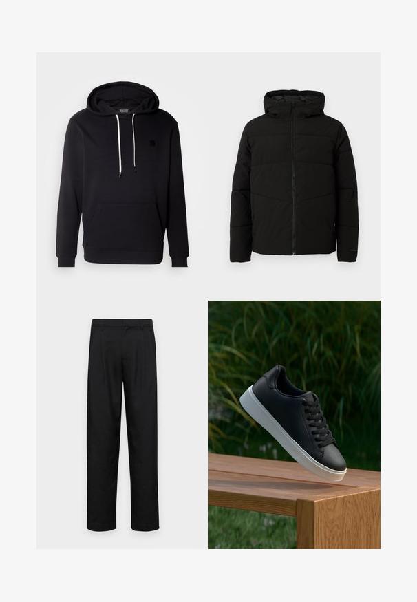Giacca nera imbottita con cappuccio, dotata di zip frontale completa, cuciture orizzontali e polsini elasticizzati per una vestibilità aderente.; Felpa nera in tessuto morbido con tasca a kangaroo sul davanti, cappuccio regolabile con lacci e piccolo logo nero sulla parte anteriore.; Pantaloni neri realizzati in tessuto liscio, caratterizzati da un taglio dritto, due pieghe frontali e una vita standard con passanti per la cintura.; Sneaker in pelle nera con una texture liscia, suola in gomma bianca e sei grommet per i lacci, posizionata su una superficie di legno.