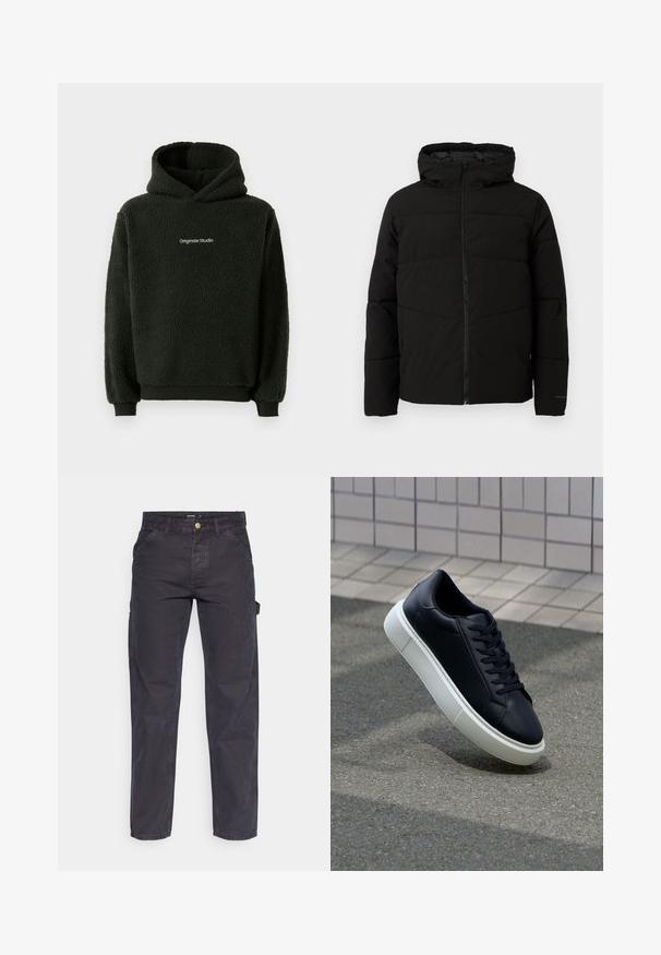 Black padded jacket with a hood, featuring a full front zipper, horizontal stitching, and elastic cuffs for a snug fit.; Black fleece hoodie with a textured finish, featuring a front kangaroo pocket and a logo at the chest. Hooded design with elastic cuffs.; Dark gray cargo pants made of durable fabric, featuring a straight-leg cut, five pockets, and a button closure at the waist.; Black leather sneaker with rounded toe and white rubber sole. Features flat laces and minimal stitching on the upper. Textured sole for grip.