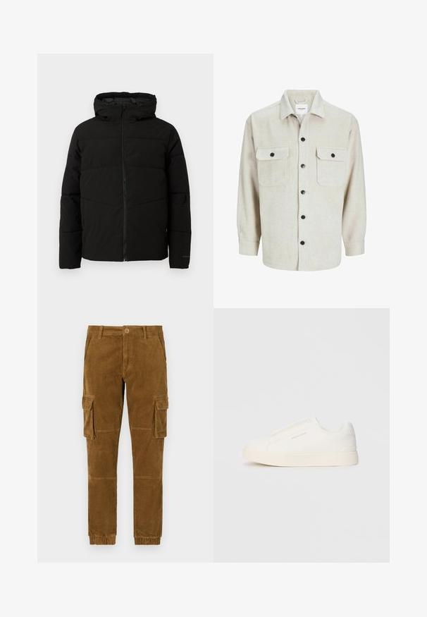 Schwarze gepolsterte Jacke mit Kapuze, ausgestattet mit einem durchgehenden Reißverschluss, horizontalen Nähten und elastischen Bündchen für eine enge Passform.; Beige Flanellhemd mit Kragen, das über zwei Brusttaschen, schwarzen Knöpfen und langen Ärmeln mit geknöpften Manschetten verfügt.; Braune Kordhosen im Cargo-Stil mit schmalem Schnitt, ausgestattet mit Seitentaschen, einem Knopfverschluss und elastischen Bündchen an den Knöcheln.; Weiße Slip-On-Sneaker mit einer strukturierten Oberfläche, dicker Sohle und minimalistischem Design. Mit Logo der Marke an der Seite.