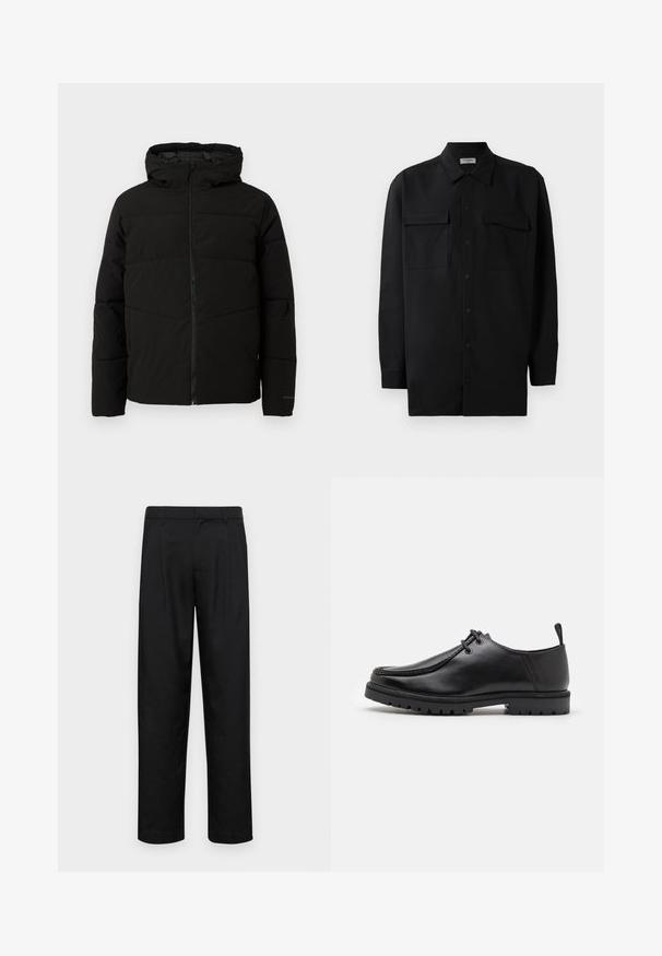 Giacca nera imbottita con cappuccio, dotata di zip frontale completa, cuciture orizzontali e polsini elasticizzati per una vestibilità aderente.; Camicia nera con bottoni realizzata in tessuto morbido, dotata di colletto classico, due tasche frontali e maniche lunghe con polsini a bottone.; Pantaloni neri realizzati in tessuto liscio, caratterizzati da un taglio dritto, due pieghe frontali e una vita standard con passanti per la cintura.; Scarpa nera in pelle con lacci e suola robusta, con un pratico anello sul tallone, vista di lato su sfondo bianco.