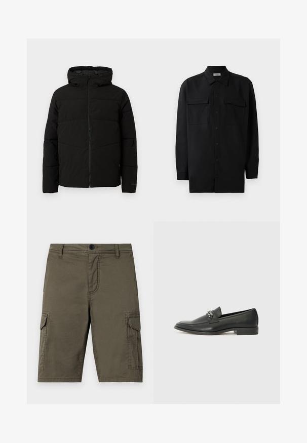 Schwarze gepolsterte Jacke mit Kapuze, ausgestattet mit einem durchgehenden Reißverschluss, horizontalen Nähten und elastischen Bündchen für eine enge Passform.; Schwarzes Hemd mit Knopfleiste aus glattem Stoff, das einen klassischen Kragen, zwei Brusttaschen und lange Ärmel mit Knopfmanschetten aufweist.; Olivgrüne Cargo-Shorts aus strukturiertem Stoff mit zwei Seitentaschen und einem vorderen Knopfverschluss. Mittellang mit geradem Schnitt.; Schwarzer Lederloafer mit glatter Oberfläche, ausgestattet mit einer gesteppten Gestaltung und einem dekorativen Metallkettendetail über dem Vorderblatt. Flacher Absatz.