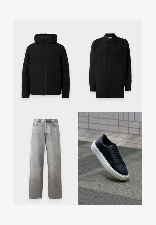 Veste matelassée noire avec capuche, dotée d'une fermeture zippée sur toute la longueur, de surpiqûres horizontales et de poignets élastiques pour un ajustement confortable.; Chemise noire à manches longues en tissu lisse, dotée d'un col classique, de deux poches devant et de poignets à boutons.; Jeans larges gris en denim. Présente une taille haute, cinq poches et une fermeture par bouton et zip. Légère décoloration sur le tissu.; Baskets noires en cuir avec bout arrondi et semelle en caoutchouc blanc. Elles présentent des lacets plats et une couture minimale sur la tige. Semelle texturée pour une bonne adhérence.