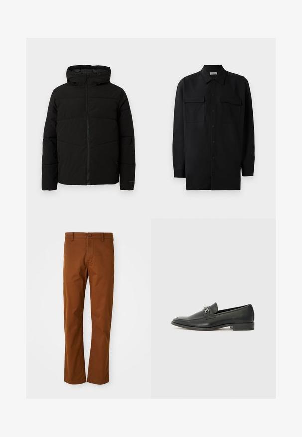 Veste matelassée noire avec capuche, dotée d'une fermeture zippée sur toute la longueur, de surpiqûres horizontales et de poignets élastiques pour un ajustement confortable.; Chemise noire à manches longues en tissu lisse, dotée d'un col classique, de deux poches devant et de poignets à boutons.; Pantalon en coton marron à coupe régulière, avec une fermeture à bouton, des passants de ceinture et une coupe droite. Texture lisse sans motifs.; Mocassin en cuir noir avec une finition lisse, présentant un design cousu et une accent décoratif en chaîne métallique sur le rand. Talon plat.