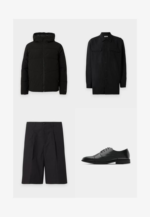Sort polstret jakke med hætte, der har en fuld frontlynlås, vandret syninger og elastiske manchetter for en tæt pasform.; Sort skjorte med knapper lavet af glat stof, med klassisk krave, to frontlommer og lange ærmer med knapmanchetter.; Sorte skræddersyede shorts lavet af letvægtsstof, med indsnit, knaplukning og lige bund. Glat tekstur uden synlige mønstre.; Sort læder dress-sko med rund tå, snørebåndsdesign, diskrete syninger og lav hæl. Glat tekstur med poleret finish.