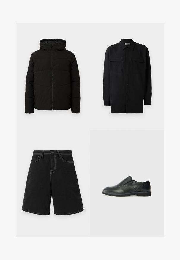 Veste matelassée noire avec capuche, dotée d'une fermeture zippée sur toute la longueur, de surpiqûres horizontales et de poignets élastiques pour un ajustement confortable.; Chemise noire à manches longues en tissu lisse, dotée d'un col classique, de deux poches devant et de poignets à boutons.; Shorts en denim noir à coupe droite, avec des coutures blanches contrastantes, des poches avant et une taille à bouton. Texture lisse.; Chaussure slip-on en cuir noir avec une tige lisse, des accents cousus, un bout arrondi et un petit talon en caoutchouc. La semelle présente un profil de traction minimal.