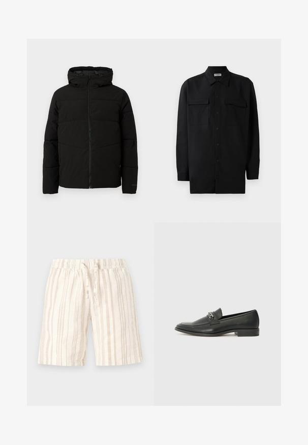 Sort polstret jakke med hætte, der har en fuld frontlynlås, vandret syninger og elastiske manchetter for en tæt pasform.; Sort skjorte med knapper lavet af glat stof, med klassisk krave, to frontlommer og lange ærmer med knapmanchetter.; Lyse beige shorts med vertikale striber i varierende nuancer. Har en elastisk talje og snørebånd til justering. Blødt, struktureret stof.; Sorte læder loafers med en glat finish, der har et syet design og et dekorativt metal kædeaccent hen over vamps. Flad hæl.