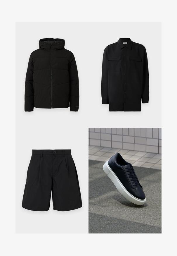 Black padded jacket with a hood, featuring a full front zipper, horizontal stitching, and elastic cuffs for a snug fit.; Black button-up shirt made of smooth fabric, featuring a classic collar, two front pockets, and long sleeves with button cuffs.; Black shorts made of smooth fabric, featuring a button closure, two front pleats, and side pockets with a relaxed fit and straight hem.; Black leather sneaker with rounded toe and white rubber sole. Features flat laces and minimal stitching on the upper. Textured sole for grip.