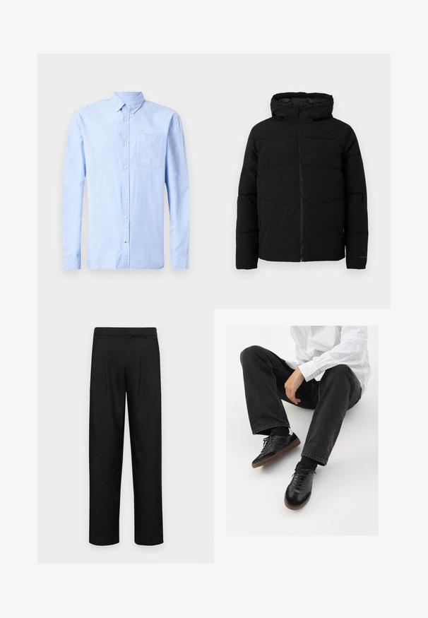 Svart polstret jakke med hette, med full front glidelås, horisontale sømmer og elastiske mansjetter for en tettsittende passform.; Lyseblå langermet skjorte med knapper, laget av mykt stoff, med krage som kan kneppes ned og en enkel brystlomme.; Sorte bukser laget av glatt stoff, med rette ben, to frontfoldninger og standard liv med beltehemper.; Svarte joggesko med en glatt og teksturert overflate, med gummisåle og mørke snører. Kombinert med svarte jeans og en hvit stripet skjorte.