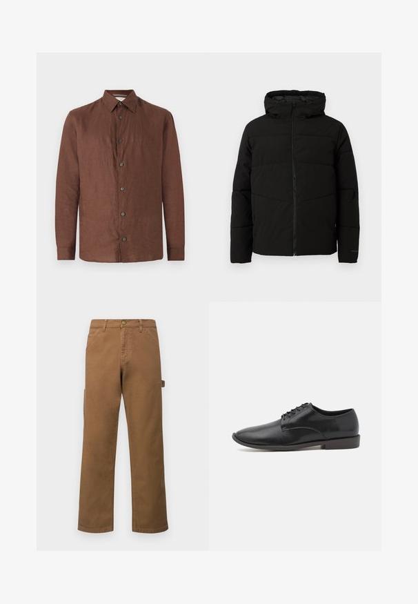 Svart polstret jakke med hette, med full front glidelås, horisontale sømmer og elastiske mansjetter for en tettsittende passform.; Brun lin langermet skjorte med knappestolpe, spredt krage og svarte knapper. Glatt tekstur med en litt rynket utseende.; Brune bomulls cargobukser med rette ben, med sidelommer og metallknapp-lukking i midjen. Glatt tekstur og uformelt design.; Sorte skinn snørebåndssko med en glatt overflate, rund tå og en lav gummisåle. Minimalistisk design uten ekstra dekorasjoner.