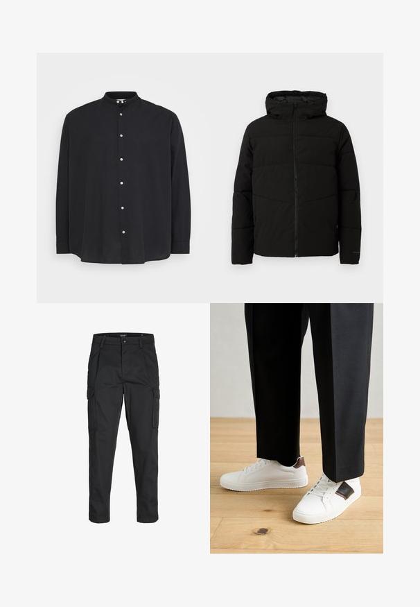 Schwarze gepolsterte Jacke mit Kapuze, ausgestattet mit einem durchgehenden Reißverschluss, horizontalen Nähten und elastischen Bündchen für eine enge Passform.; Schwarzes Langarmhemd mit Stehkragen und Knopfverschluss. Hergestellt aus leichtem Stoff, mit einer lockeren Passform und subtiler Textur.; Schwarze Cargo-Hose aus robustem Material, mit mehreren Taschen, einem Knopfverschluss und einem Slim-Fit-Design mit schmal zulaufenden Beinen.; Weiße Sneakers mit glatter Textur, versehen mit braunen Lederakzenten und schwarzen Details, kombiniert mit schwarzen maßgeschneiderten Hosen. Hintergrund aus Holzboden.