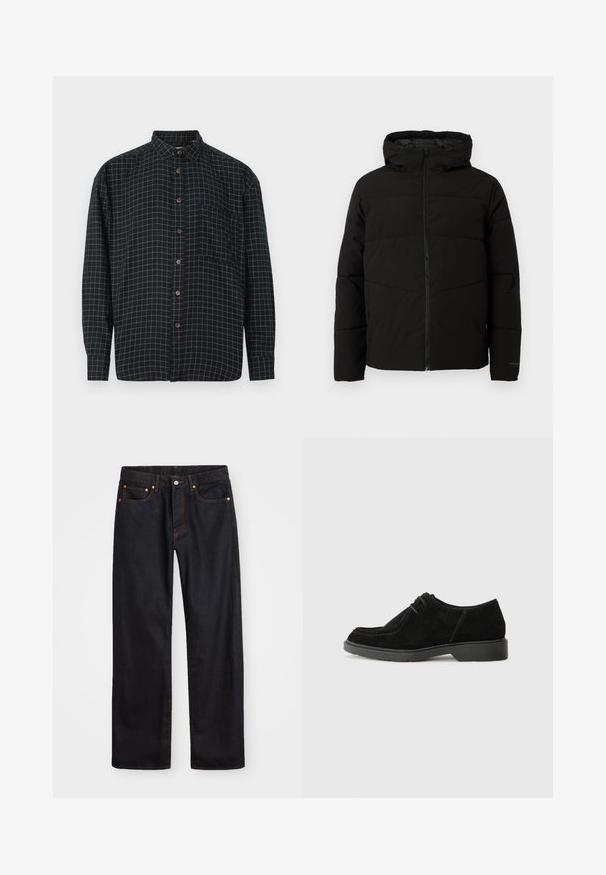 Černá vycpaná bunda s kapucí, má plný přední zip, horizontální švy a elastické manžety pro pohodlné nošení.; Černá košile s dlouhým rukávem na knoflíky s bílým mřížkovým vzorem, přední kapsou a hnědými knoflíky na bílém pozadí.; Pánské černé džíny rovného střihu s pěti kapsami a oranžovým prošíváním, s knoflíkem a zipem na předním pásku.; Černé semišové společenské boty s zaoblenou špičkou, kontrastním prošíváním a gumovou podrážkou. Vyznačují se minimálním šněrováním a hladkým designem svršku.