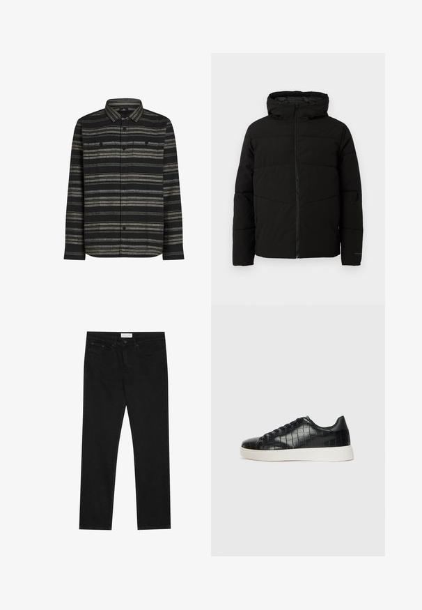 Schwarze gepolsterte Jacke mit Kapuze, ausgestattet mit einem durchgehenden Reißverschluss, horizontalen Nähten und elastischen Bündchen für eine enge Passform.; Schwarzes Langarmhemd mit horizontalen grauen Streifen, durchgehender Knopfleiste und zwei Brusttaschen. Hergestellt aus einem weichen Stoff mit strukturierter Oberfläche.; Schwarze Jeans aus Denim mit geradem Schnitt, featuring fünf Taschen, einen Knopfverschluss und einer subtilen Textur im gesamten Stoff.; Schwarze Sneakers mit einer strukturierten, krokodilPrägung aus Leder, runder Zehenpartie und einer kontrastierenden weißen Gummisohle mit glatter Oberfläche.