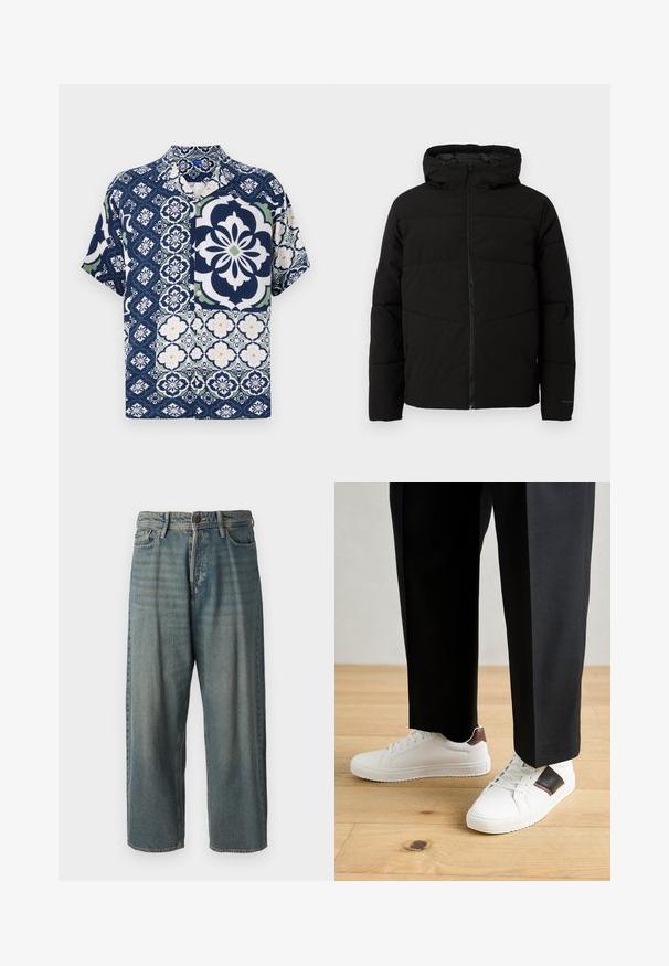 Veste matelassée noire avec capuche, dotée d'une fermeture zippée sur toute la longueur, de surpiqûres horizontales et de poignets élastiques pour un ajustement confortable.; Chemise à manches courtes en bleu marine avec des motifs floraux et géométriques, dotée d'une fermeture à boutons, d'un tissu doux et d'accents contrastants verts et blancs.; Jeans en denim bleu clair avec une coupe ample, taille mi-haute et jambes droites. Comprend cinq poches, des passants de ceinture et une fermeture à bouton.; Des sneakers blanches au texture lisse, avec des accents en cuir marron et des détails noirs, assorties à un pantalon noir ajusté. Fond en parquet.