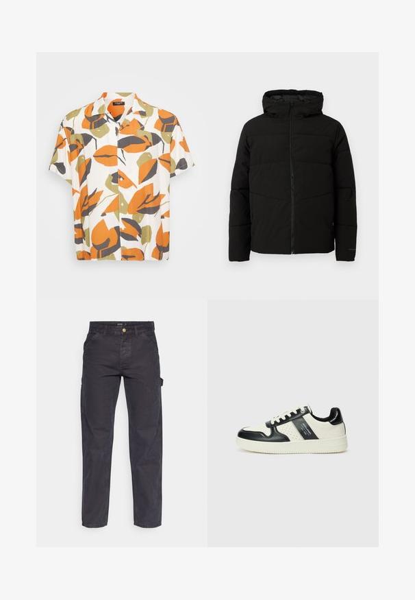 Zwarte gewatteerde jas met capuchon, voorzien van een volledige ritssluiting aan de voorkant, horizontale stiksels en elastische manchetten voor een snug fit.; Korte mouw overhemd van lichtgewicht stof met een witte achtergrond en grote oranje, groene en grijze bladvormen. Knopsluiting aan de voorkant.; Donkergrijze cargobroek van duurzaam materiaal, met een rechte pijp, vijf zakken en een knoopsluiting in de taille.; Leren sneakers met een zwart en crèmekleurig kleurenschema, voorzien van geperforeerde accenten, een gevoerde kraag en een gestructureerde buitenzool.