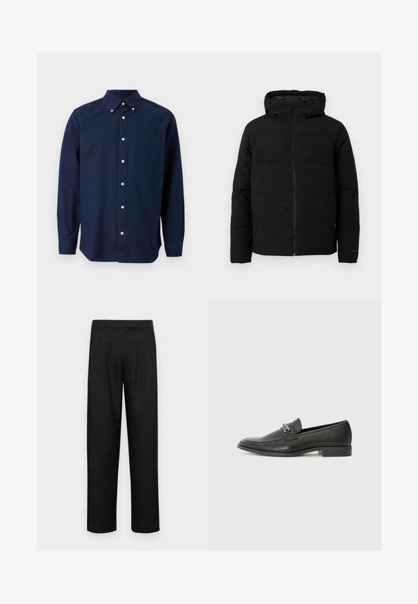 Schwarze gepolsterte Jacke mit Kapuze, ausgestattet mit einem durchgehenden Reißverschluss, horizontalen Nähten und elastischen Bündchen für eine enge Passform.; Marineblaue Langarm-Hemd mit Knöpfen, einer Brusttasche und Button-Down-Kragen, vor einem weißen Hintergrund präsentiert.; Schwarze Hose aus glattem Stoff, mit geradem Bein Design, zwei vorderen Falten und einem Standardbund mit Gürtelschlaufen.; Schwarzer Lederloafer mit glatter Oberfläche, ausgestattet mit einer gesteppten Gestaltung und einem dekorativen Metallkettendetail über dem Vorderblatt. Flacher Absatz.