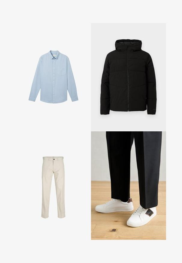 Giacca nera imbottita con cappuccio, dotata di zip frontale completa, cuciture orizzontali e polsini elasticizzati per una vestibilità aderente.; Camicia azzurro chiaro a maniche lunghe realizzata in tessuto con un motivo testurizzato, dotata di colletto button-down e una tasca sul petto.; Pantaloni in cotone beige con vestibilità dritta, chiusura con bottone, tasche anteriori e cuciture a vista. Texture liscia, dettagli minimi e senza motivi.; Sneakers bianchi dalla texture liscia, con dettagli in pelle marrone e particolari neri, abbinati a pantaloni neri su misura. Sfondo in parquet.