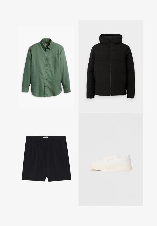 Czarna, pikowana kurtka z kapturem, z pełnym zapięciem na zamek z przodu, poziomym przeszyciem i elastycznymi mankietami dla lepszego dopasowania.; Levi's® - Koszula; Czarne szorty z elastycznym paskiem w talii i sznurkiem, o gładkiej fakturze i prostym kroju, idealne do codziennego noszenia.; Białe sneakersy wsuwane z teksturowanej powierzchni, grubą podeszwą i minimalistycznym designem. Zawierają logo marki z boku.