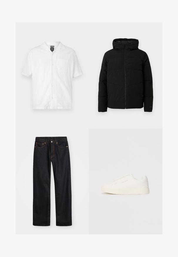 Chaqueta acolchada negra con capucha, que cuenta con un cierre frontal completo, costuras horizontales y puños elásticos para un ajuste ceñido.; Camisa blanca de manga corta fabricada en tejido ligero, con cierre de botones en el frente, cuello de punta y un bolsillo en el pecho. Diseño minimalista.; Jeans de mezclilla negros de pierna recta para hombre, con cinco bolsillos y costuras en color naranja, cierre de botón y cremallera en la parte delantera de la cintura.; Zapatillas blancas tipo slip-on con una superficie texturizada, suela gruesa y diseño minimalista. Presenta el logo de la marca en un lado.