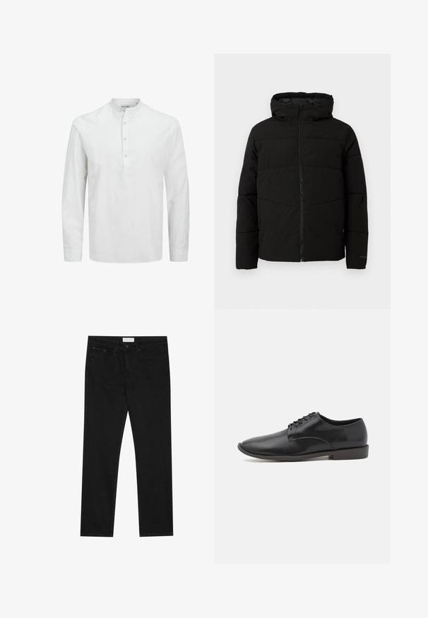 Giacca nera imbottita con cappuccio, dotata di zip frontale completa, cuciture orizzontali e polsini elasticizzati per una vestibilità aderente.; Camicia bianca a maniche lunghe realizzata in tessuto leggero. Presenta un colletto alla coreana e una patta con bottoni leggeri. Texture morbida e vestibilità comoda.; Pier One Jeans slim fit - black denim; Scarpa nera in pelle con lacci, finitura liscia, punta arrotondata e suola in gomma bassa. Design minimalista senza ulteriori decorazioni.