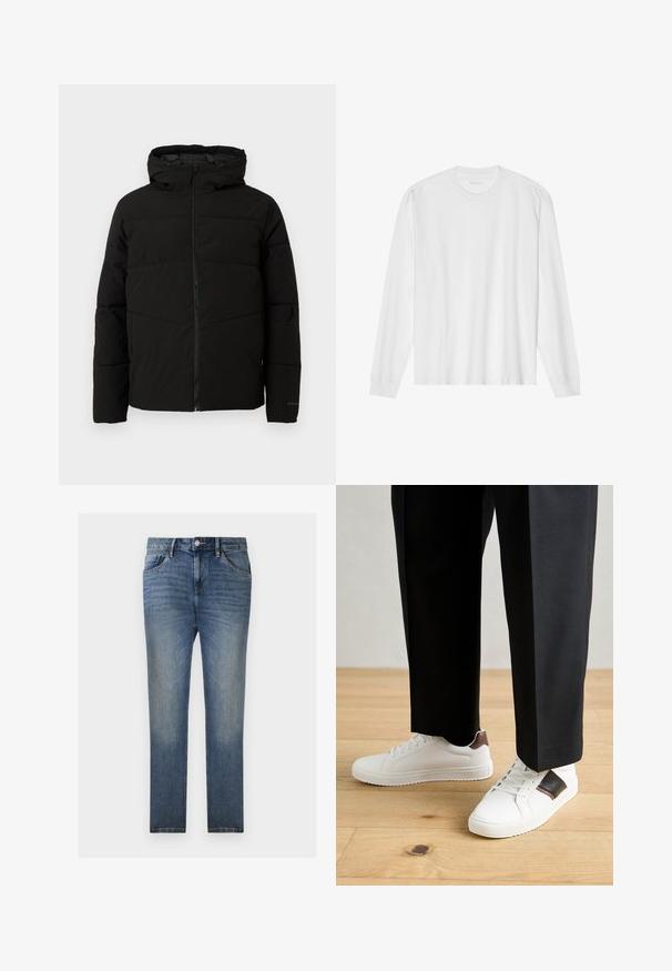 Svart polstret jakke med hette, med full front glidelås, horisontale sømmer og elastiske mansjetter for en tettsittende passform.; Langarmet hvit t-skjorte i bomull med rund hals og ribbestrikkede mansjetter. Enkelt, uornamentert design med glatt tekstur og standard passform.; TOM TAILOR JOSH  - Jeans straight leg - clean light stone blue denim; Hvite sneakers med glatt tekstur, med brune skinnakenter og svart detaljer, parret med svarte skreddersydde bukser. Bakgrunn med tregulv.