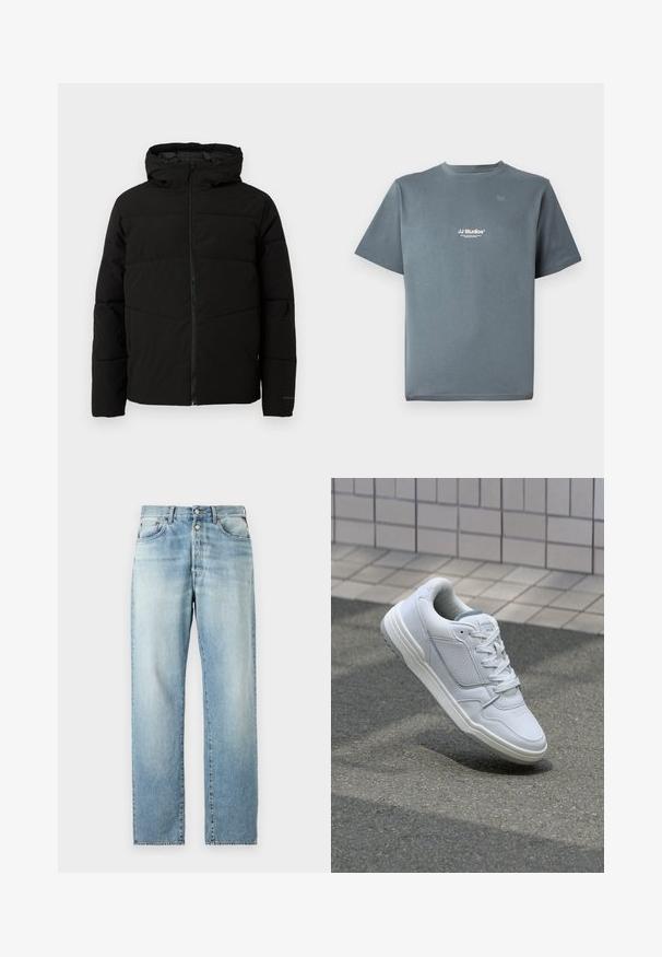 Black padded jacket with a hood, featuring a full front zipper, horizontal stitching, and elastic cuffs for a snug fit.; Gray cotton t-shirt with a crew neck, short sleeves, and a small white "JJ Studios" logo on the chest. Smooth texture and relaxed fit.; Light blue denim jeans with a straight leg design, featuring a classic five-pocket layout and button fly closure. Faded texture throughout.; White leather sneaker with perforated sides, textured accents, flat laces, and a contrasting gray heel. Features a slightly elevated sole.