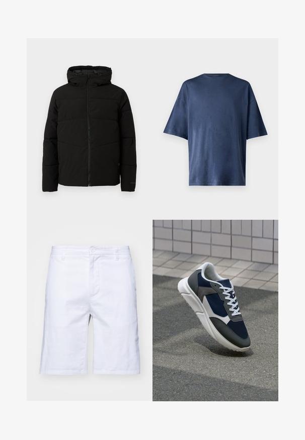 Chaqueta acolchada negra con capucha, que cuenta con un cierre frontal completo, costuras horizontales y puños elásticos para un ajuste ceñido.; Camiseta de manga corta azul marino, hecha de una tela suave, con un cuello redondo clásico y un corte relajado, sin patrones ni acentos visibles.; Pantalones cortos de algodón blanco con corte recto, cierre de cremallera y botón. Cuenta con bolsillos laterales y una textura suave.; Zapatillas con una parte superior de malla azul marino, detalles en gamuza gris, suela de goma blanca y cordones blancos planos, diseñadas para la comodidad y transpirabilidad.