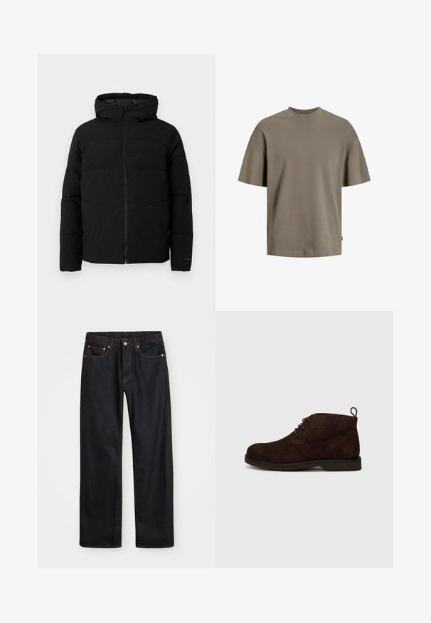 Černá vycpaná bunda s kapucí, má plný přední zip, horizontální švy a elastické manžety pro pohodlné nošení.; Bavlněné tričko v tlumené olivové barvě; má kulatý výstřih, krátké rukávy a volný střih s minimálními švy.; Pánské černé džíny rovného střihu s pěti kapsami a oranžovým prošíváním, s knoflíkem a zipem na předním pásku.; Hnědé semišové kotníkové boty s kulatou špičkou, vybavené šněrováním a poutkem na zadní straně, umístěné na gumové podrážce s texturovaným povrchem.