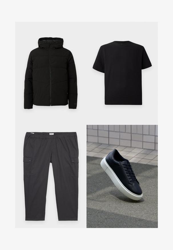 Giacca nera imbottita con cappuccio, dotata di zip frontale completa, cuciture orizzontali e polsini elasticizzati per una vestibilità aderente.; T-shirt corto nero a maniche corte realizzato in tessuto testurizzato, con scollatura rotonda e vestibilità comoda. Semplice, senza motivi o dettagli.; Pantaloni cargo neri con vita elasticizzata, tasche laterali e dettagli con bottoni a pressione. Realizzati in tessuto leggero e liscio.; Sneaker in pelle nera con punta arrotondata e suola in gomma bianca. Presenta lacci piatti e cuciture minime sulla parte superiore. Suola testurizzata per una migliore aderenza.