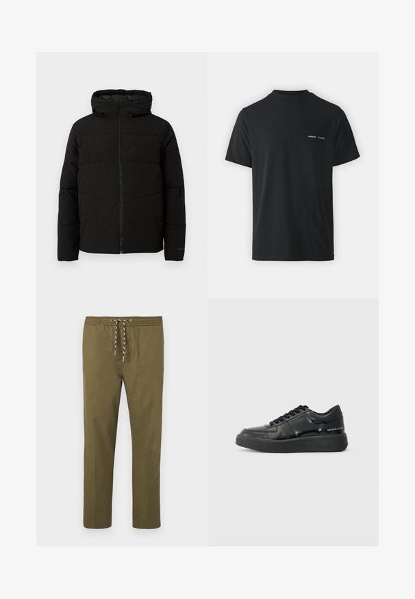 Svart polstret jakke med hette, med full front glidelås, horisontale sømmer og elastiske mansjetter for en tettsittende passform.; Svart bomull t-skjorte med klassisk rund hals, korte ermer og to små hvite "SAMSØE" logoer på venstre bryst.; Olivengrønne bukser med elastisk talje og justerbar snor. Rett ben-design; stoffet har en glatt, myk tekstur.; Sorte lærersneakers med en glat finish, rund tå og kontrasterende sort gummisål. Der er flade snørebånd og branding på siden.
