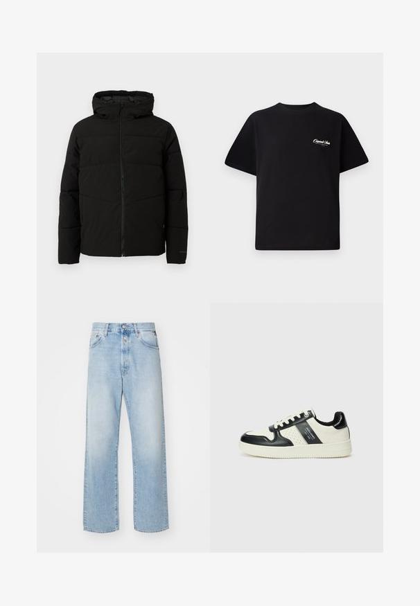 Crna jakna s podlogom i kapuljačom, s punim prednjim patentnim zatvaračem, horizontalnim šavovima i elastičnim manžetama za udoban fit.; Crna pamučna majica s okruglim izrezom, kratkim rukavima i malim bijelim logotipom s lijeve strane na prsima. Jednostavan dizajn, klasičan kroj.; Svijetloplave traperice širokog kroja, s visokim strukom, pet džepova i ravnim nogavicama. Vidljiva izbjeljena tekstura.; Kožne tenisice s crno-bijelom paletom boja, koje imaju perforirane akcentne detalje, podstavljeni ovratnik i teksturiranu potplat.